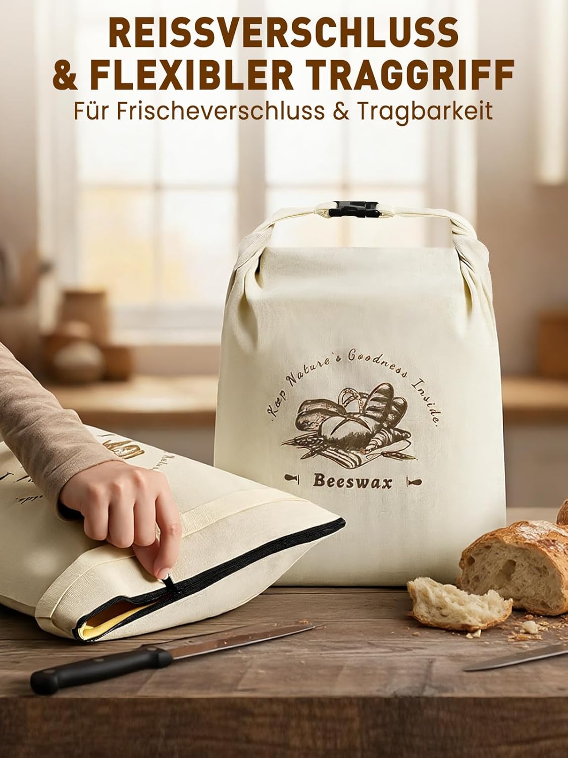 Weenkler Bienenwachs Brotbeutel 2er Set – Wiederverwendbare Leinen Brotaufbewahrung mit Reißverschluss und Tragegurten für Selbstgebackenes Sauerteigbrot, 30X40cm